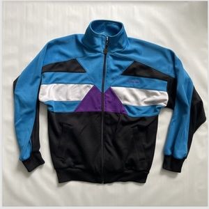 Vtg 80s Adidas Jacket MEDIUM COLORBLOCK Black Blue Track Trefoil Full Zip Pocket